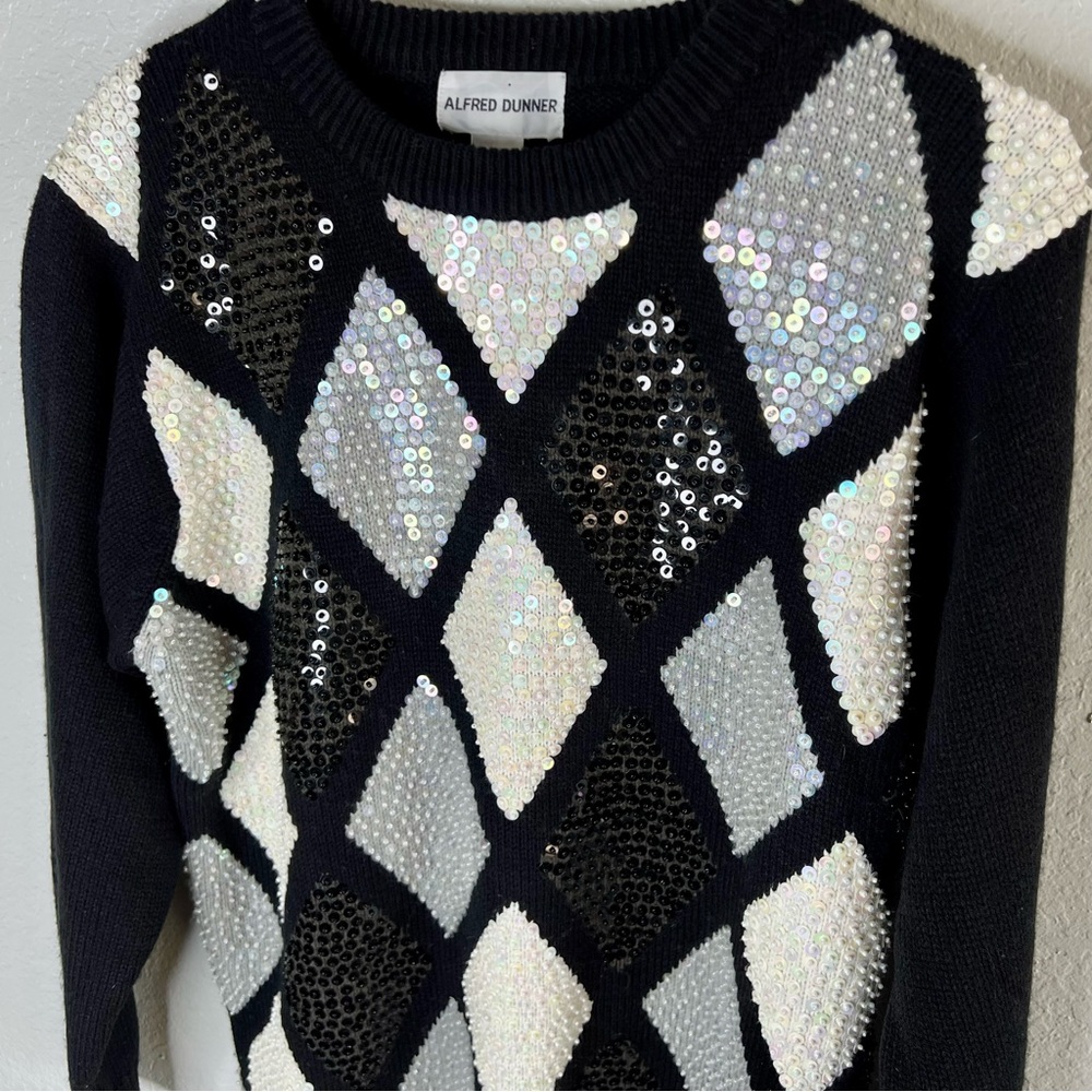 Vintage Sequin Beaded BlackWhite Knit Holiday Sweater